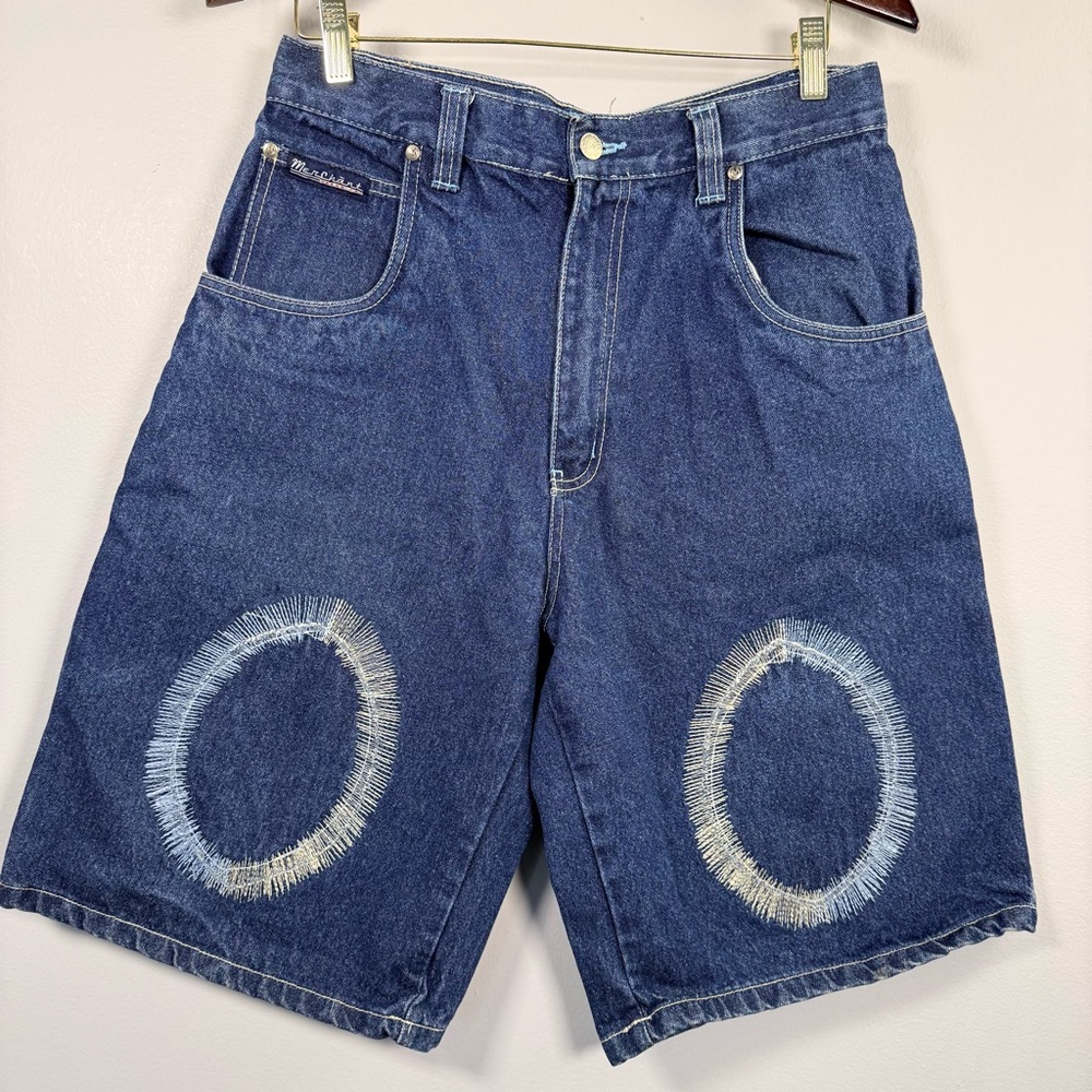 Y2K Merchant Jeans Co Men’s Jorts Denim Shorts 32 Embroidered Circles Baggy Long